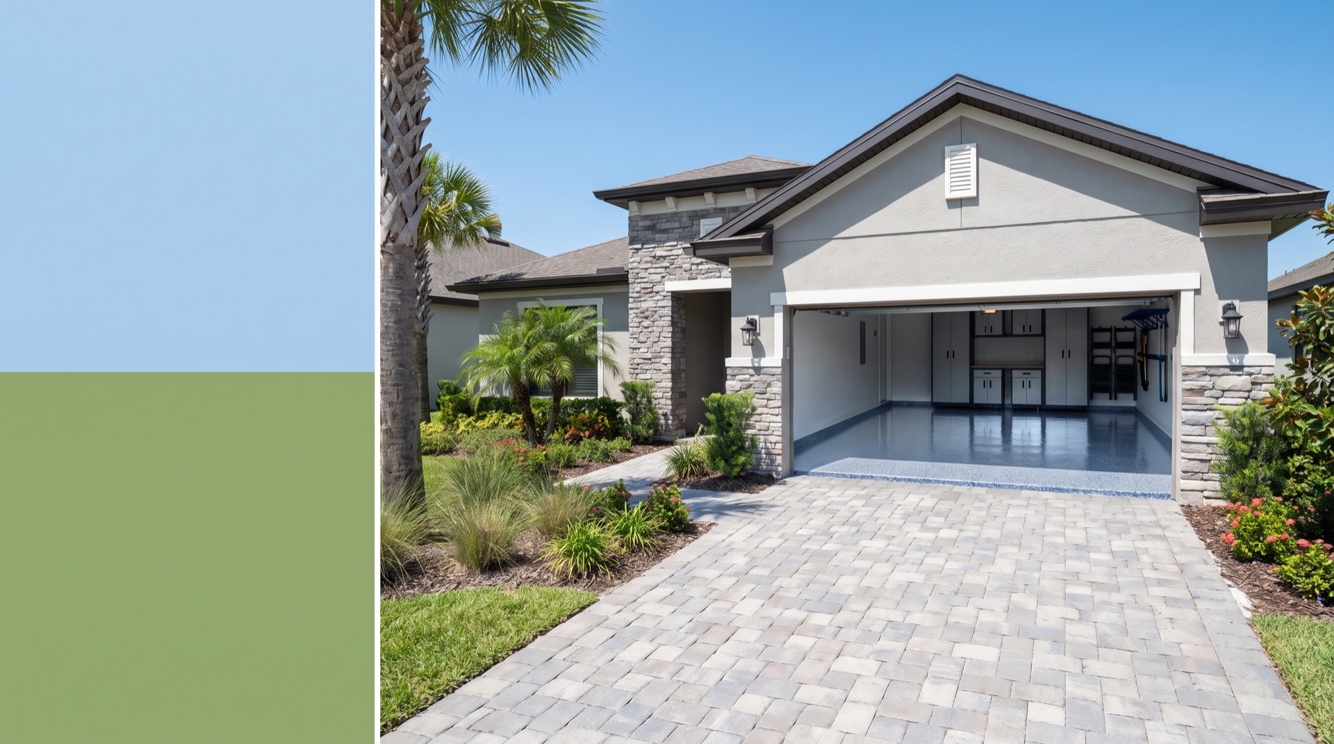 Coated garage floor in a new-construction Nocatee home with a glossy grey flake finish
