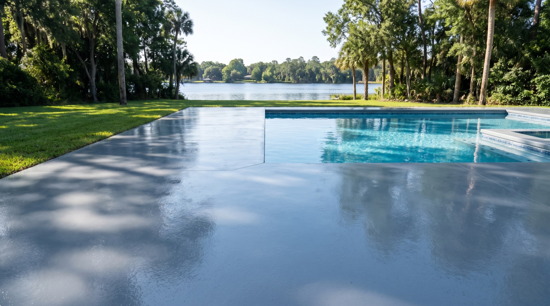 Coated garage floor in a new-construction RiverTown home near the St. Johns River with a glossy grey flake finish