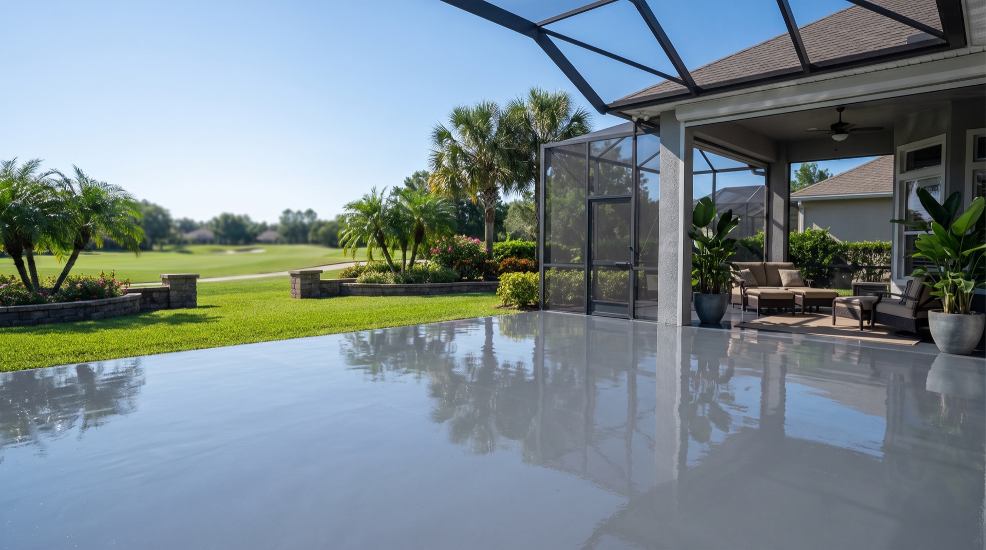 Glossy grey flake-coated garage floor in a World Golf Village golf-resort home near St. Augustine